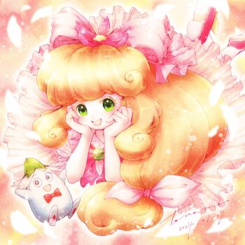 Rule 34 | 1girl, :d, blonde hair, bow, commentary request, dated, dress, flower, green eyes, hair bow, hair flower, hair ornament, hana no mahoutsukai mary bell, highres, long hair, lying, magical girl, mary bell, on stomach, open mouth, pink dress, smile, tama3 ooo, tambourine (mary bell), very long hair