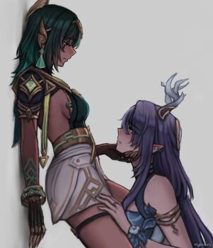 2girls absurdres bracelet breasts claws closed_mouth commentary earrings english_commentary genshin_impact green_hair green_shirt grey_background hand_on_another&#039;s_chin hand_on_another&#039;s_thigh highres horns jewelry lauma_(genshin_impact) long_hair multiple_girls nefer_(genshin_impact) purple_eyes purple_hair reyeomi ring shirt sideboob simple_background skirt white_skirt yuri