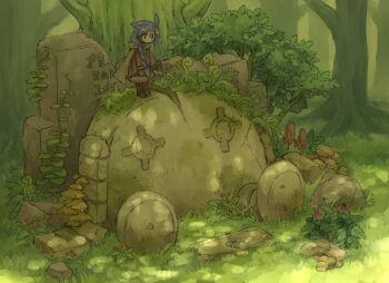 1girl ahoge blue_hair boots braid brown_boots brown_cape cape commentary_request dappled_sunlight day fantasy flower full_body golem highres holding holding_staff koki08186863 leaning_forward long_hair long_sleeves mushroom original outdoors plant single_braid solo staff sunlight tree very_long_hair vines wide_shot