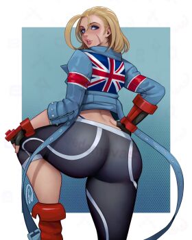 Rule 34 | 1girl, artist name, ass, black gloves, black pants, blue eyes, blue jacket, cammy white, commentary, ed (edemevas), english commentary, facial scar, fingerless gloves, flag print, gloves, highres, jacket, looking back, pants, print jacket, scar, scar on cheek, scar on face, shirt, solo, street fighter, street fighter 6, union jack, union jack print, watermark, white shirt