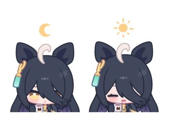Rule 34 | 1girl, ahoge, animal ears, black coat, black gloves, black hair, blush, chibi, closed eyes, coat, coffee, coffee mug, collared shirt, crescent moon, cup, drooling, ear tag, earrings, eyemethyst, gloves, hair between eyes, hashtag-only commentary, holding, holding cup, horse ears, horse girl, jewelry, long bangs, long hair, long hair between eyes, long sleeves, looking at viewer, manhattan cafe (creeping shadow) (umamusume), manhattan cafe (umamusume), moon, mouth drool, mug, multicolored hair, multiple expressions, necktie, open mouth, shirt, simple background, single earring, steaming cup, sun, umamusume, white background, white hair, yellow eyes, yellow necktie
