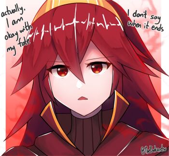 Rule 34 | 1girl, artist name, bakaretsu, commentary, dark persona, english commentary, fire emblem, fire emblem awakening, gold tiara, hair between eyes, highres, looking at viewer, lucina (fire emblem), nintendo, parted lips, portrait, red background, red eyes, solo, talking, thick eyelashes, tiara, twitter username