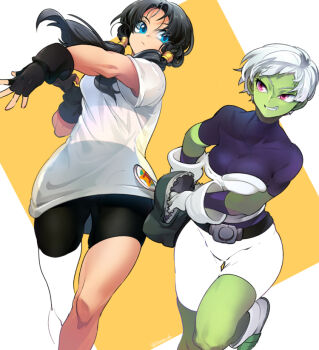 2girls armor bare_legs belt bike_shorts black_belt black_gloves black_hair black_sports_bra blue_eyes bodysuit boots breasts cheelai clenched_teeth closed_mouth collarbone colored_skin dragon_ball dragon_ball_super dragon_ball_super_broly dragonball_z dutch_angle facing_viewer fanny_pack feet_out_of_frame feet_up fingerless_gloves floating_hair gloves green_skin grin looking_at_another looking_to_the_side medium_breasts multiple_girls ommmyoh orange_background outstretched_hand partially_colored pink_eyes purple_bodysuit see-through_clothes shirt short_hair short_sleeves simple_background skindentation smile sports_bra square teeth thick_thighs thigh_gap thighs tight_clothes time_paradox twintails very_short_hair videl white_background white_footwear white_gloves white_hair white_shirt