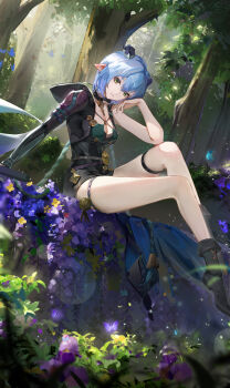 1girl absurdres andoff ankle_boots aqua_butterfly black_boots black_choker black_horns blue_butterfly blue_hair boots breasts bug butterfly choker cleavage commentary_request day flower full_body hair_between_eyes highres hood hood_down horns insect large_breasts legs looking_at_viewer lucia_elowen outdoors plant pointy_ears purple_butterfly purple_flower short_hair single_bare_arm single_sleeve sitting solo thigh_strap thighs tree zenless_zone_zero