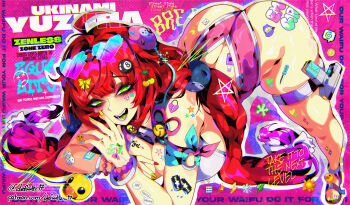 1girl absurdres ahoge ass ball billiard_ball blue_nails bow bracelet breasts cleavage colored_tongue defaultz dice english_text eyewear_on_head facial_mark food-themed_hair_ornament green_eyes green_nails green_tongue hair_bow hair_ornament heart heart-shaped_eyewear heart_facial_mark highres jewelry leg_tattoo long_hair median_furrow multicolored_nails nail_polish orange_nails patreon_username piercing red_hair red_nails solo star_(symbol) tattoo toenail_polish toenails tongue_piercing twitter_username ukinami_yuzuha yellow_bow yellow_nails zenless_zone_zero