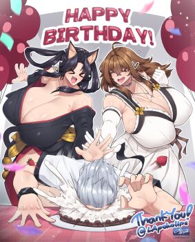 1boy 2girls absurdres ahoge alternate_breast_size_(larger) animal_ears balloon bare_shoulders black_hair black_kimono breasts brown_hair cat_ears cat_girl cat_tail cleavage closed_eyes commentary coolpsyco dress elbow_gloves english_commentary english_text food fruit gloves grey_hair hair_rings hairband heart high_school_dxd highres huge_breasts japanese_clothes jewelry kimono kuroka_(high_school_dxd) long_hair mature_female multiple_girls multiple_tails nekomata off_shoulder open_mouth original pendant shirt smile strawberry tail venelana_gremory white_dress white_gloves white_shirt