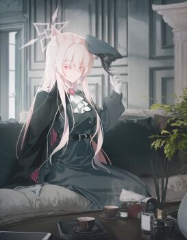 1girl absurdres akira_(blue_archive) akira_(miria)_(blue_archive) animal_ear_fluff animal_ears ascot black_cape blue_archive blush brooch cape cat_ears cat_girl cat_tail coat green_coat green_hat grin guan_byeol hair_between_eyes halo hat highres holding holding_removed_eyewear jewelry long_hair official_alternate_costume peaked_cap pink_hair pink_halo red_eyes side_cape sidelocks smile solo tail unworn_eyewear white_ascot