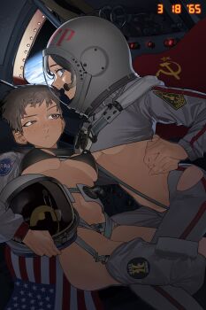 2girls :/ adapted_uniform american_flag arm_around_waist astronaut bikini black_bikini black_hair blue_eyes breasts bright_pupils brown_eyes brown_hair commentary communism earth_(planet) emblem freckles garter_belt garter_straps girls_und_panzer hammer_and_sickle hand_on_another&#039;s_hip helmet highres holding holding_hands logo long_sleeves medium_breasts multiple_girls naomi_(girls_und_panzer) nasa nasa_logo navel nonna_(girls_und_panzer) open_mouth planet pzkpfwi red_flag red_light short_hair skindentation soviet soviet_flag space space_helmet space_shuttle spacecraft spacesuit stomach string_bikini swept_bangs swimsuit teeth thighhighs underboob united_states very_short_hair white_pupils yuri