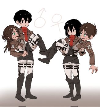 2boys 2girls black_eyes black_hair boots bottle_1223 breasts brown_hair brown_jacket carrying cropped_jacket eren_yeager facial_scar genderswap genderswap_(ftm) genderswap_(mtf) green_eyes grey_boots hair_between_eyes hair_bun highres jacket long_hair mars_symbol medium_breasts mikasa_ackerman multiple_boys multiple_girls open_mouth pants princess_carry red_scarf scar scar_on_cheek scar_on_face scarf shingeki_no_kyojin shirt short_hair survey_corps_(emblem) sweatdrop venus_symbol white_pants white_shirt