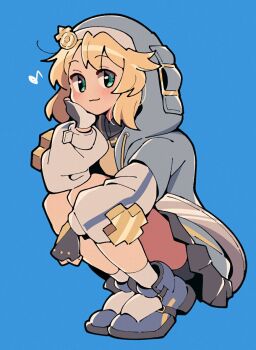 1boy androgyne_symbol black_gloves blonde_hair blue_background blue_jacket blue_shoes bridget_(guilty_gear) closed_mouth fingerless_gloves full_body gloves green_eyes guilty_gear guilty_gear_strive head_rest hood hood_up hooded_jacket itsuka_neru jacket long_sleeves looking_at_viewer male_focus musical_note open_clothes open_jacket shoes short_hair simple_background smile solo squatting trap
