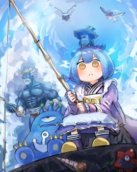 1boy 1girl absurdres animal animal_on_head beard bird bird_on_head blue_hair blue_sky cannonball_spear_shellfish cloud cloudy_sky day dragon_girl dragon_tail duel_monster facial_hair fishing fishing_rod floowandereeze_&amp;_snowl grappler_angler hatano_kiyoshi highres horns japanese_clothes laundry_dragonmaid maid on_head outdoors short_hair sky star_boy tail turu-purun umamusume wa_maid white_hair yellow_eyes yu-gi-oh!