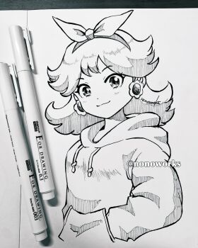 1girl artist_name bow earrings flower_earrings hair_bow hand_in_pocket highres hood hoodie jewelry long_hair mario_(series) marker_(medium) nintendo nonoworks photo_(medium) princess_daisy signature smile traditional_media