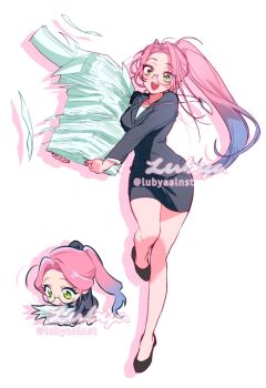 1girl alien_stage alternate_costume black_jacket black_shoes black_skirt blue_hair chibi commentary english_commentary full_body gradient_hair high_ponytail holding holding_paper id_card jacket lanyard leg_up long_hair lubya mizi_(alien_stage) multicolored_hair office_lady open_mouth paper paper_stack pencil_skirt pink_hair ponytail shoes signature skirt smile solo suit_jacket twitter_username two-tone_hair very_long_hair