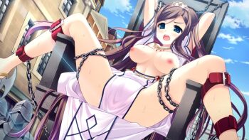 1girl angry ankle_cuffs arms_behind_head bdsm blue_eyes blush bondage bound bound_ankles bound_arms bound_legs breasts breasts_apart breasts_out brown_hair chain chained chained_ankles chained_arms chained_cuffs chained_wrists chair cuffs female_focus game_cg long_hair nakano_sora nipples no_bra open_clothes open_mouth outdoors pochi_to_goshujin-sama princess public_indecency sitting skyfish spread_legs strap teeth upper_teeth_only