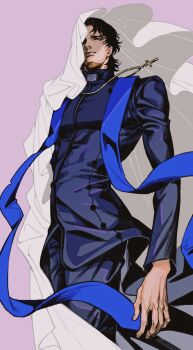 1boy black_hair blue_sash cassock chiamo_(lmc_clm) covered_face cross cross_necklace fate/stay_night fate_(series) highres jewelry kotomine_kirei latin_cross male_focus necklace one_eye_covered priest sash solo veil white_veil