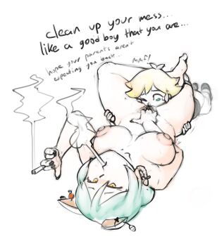 1boy 1girl age_difference basil_(omori) basil_(omori)_(cosplay) black_nails breasts cigarette completely_nude cosplay cunnilingus english_text femdom fingernails forced_cunnilingus highres indie_virtual_youtuber large_breasts leg_lock lying maximumpingas nipples nude omocat_(character) omori on_back onee-shota oral pubic_hair rape shota smoke smoking virtual_youtuber