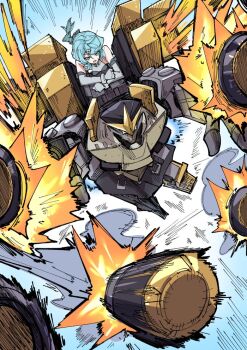 1girl bare_shoulders blue_background blue_eyes blue_hair commentary_request detached_sleeves firing gloves grey_gloves grey_sleeves hair_ornament hairpin humanoid_robot long_hair mecha mecha_focus mechanical_arms missile nodachi_(nodati51) on_mecha open_mouth ponytail robot seed_(zenless_zone_zero) seed_sr. zenless_zone_zero