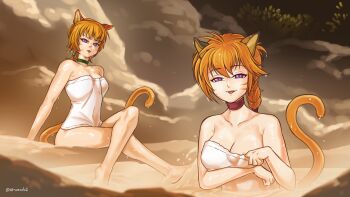 2girls animal_ears arm_under_breasts atramada bare_shoulders braid breasts cat cat_ears cat_girl cat_tail choker cleavage collar collarbone commission commissioner_upload crossed_legs dripping facepaint facial_mark fire_emblem fire_emblem:_path_of_radiance fire_emblem:_radiant_dawn green_choker green_collar hair_between_eyes highres in_water large_breasts large_variant_set lethe_(fire_emblem) looking_at_viewer lyre_(fire_emblem) medium_breasts messy_hair multiple_girls naked_towel nintendo onsen orange_hair orange_tail pink_choker pink_collar pulling_own_clothes purple_eyes siblings sisters sitting slit_pupils tail teasing tongue tongue_out towel twins variant_set water water_drop wet whisker_markings