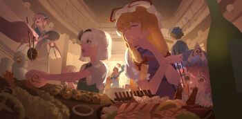 6+girls :d ^_^ absurdres alcohol antennae arm_up beer_mug black_hairband blonde_hair blue_hat blue_headscarf blue_kimono bottle bow bowl choko_(cup) chopsticks closed_eyes commentary_request cup dress food green_eyes green_hair green_vest grin hair_between_eyes hair_bow hairband halo hat hat_ribbon headscarf highres holding holding_chopsticks holding_tray holding_with_chopsticks horns hoshiguma_yuugi ibaraki_kasen ibuki_suika indoors japanese_clothes kimono kinoko_(kino2435006) konpaku_youmu long_hair meat mob_cap mug multiple_girls mushroom mystia_lorelei okamisty open_mouth pink_hair purple_tabard red_bow red_eyes red_ribbon ribbon saigyouji_yuyuko shirt short_hair shrimp shrimp_tempura single_horn skewer smile tabard tempura touhou tray triangular_headpiece vest white_dress white_hair white_hat white_shirt wings wriggle_nightbug yakumo_yukari