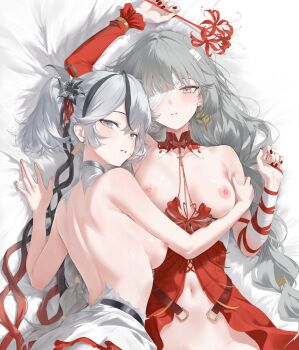 2girls arm_up back bandage_over_one_eye bandaged_arm bandages black_flower blake_bloom_(wuthering_waves) breasts camellya_(wuthering_waves) collarbone commentary cropped dress earrings fingernails flower gold_earrings grey_eyes hair_flower hair_ornament haku89 halter_dress halterneck hand_up highres holding holding_flower jewelry long_hair looking_at_viewer median_furrow medium_breasts multiple_girls nail_polish navel nipples no_panties out-of-frame_censoring parted_lips phrolova_(wuthering_waves) red_dress red_nails red_pupils short_hair smile spider_lily stomach symbol-only_commentary upper_body wuthering_waves