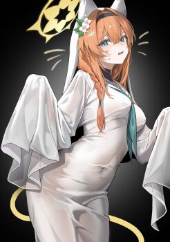 1girl absurdres animal_ears aqua_eyes aqua_neckerchief black_hairband blue_archive blush breasts cat_ears cat_girl covered_navel dress ears_under_headwear ghost_costume ghost_pose hair_between_eyes hair_intakes hairband halloween_costume halo hands_up highres long_hair looking_at_viewer mari_(blue_archive) medium_breasts neckerchief open_mouth orange_hair sailor_collar sleeves_past_fingers sleeves_past_wrists solo sweat veil white_dress white_sailor_collar white_veil yellow_halo
