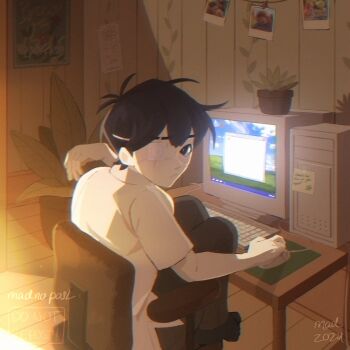 1boy 2024 antenna_hair artist_name at_computer black_eyes black_hair black_pants black_socks closed_mouth collared_shirt computer computer_keyboard computer_mouse computer_tower double-parted_bangs eyepatch flower_pot highres indoors knees_up looking_at_viewer madnopost male_focus monitor mousepad_(object) omori pants photo_(object) plant potted_plant scar scar_across_eye scar_on_face shirt short_hair short_sleeves sitting socks solo spoilers sunny_(omori) white_shirt