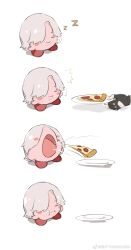Rule 34 | 1boy, absurdres, blush, closed eyes, colored skin, crossover, dante (devil may cry), devil may cry (series), devil may cry 5, eating, facial hair, food, highres, holding, holding food, holding pizza, kirby, kirby (series), male focus, nintendo, no humans, open mouth, pink skin, pizza, pizza slice, simple background, sleeping, sleepy, smile, solo, weibo 7054093389, white background, white hair, zzz