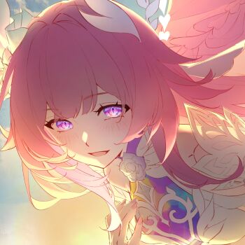 1girl bare_shoulders breasts commentary cyrene_(honkai:_star_rail) cyrene_(ripples_of_past_reverie)_(honkai:_star_rail) diamond-shaped_pupils diamond_(shape) highres honkai:_star_rail honkai_(series) long_hair looking_at_viewer medium_breasts mihan_(mihan_art) open_mouth pink_hair purple_eyes smile solo symbol-shaped_pupils unfinished