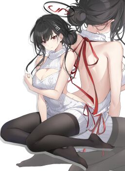 1girl absurdres alternate_costume alternate_hairstyle b_soyo1 bare_arms bare_back bare_shoulders black_hair blue_archive breasts cleavage closed_mouth dress hair_bun hair_ornament hairclip halo highres large_breasts long_hair looking_at_viewer no_shoes red_eyes red_halo rio_(blue_archive) sleeveless sleeveless_turtleneck solo sweater sweater_dress turtleneck turtleneck_sweater virgin_killer_sweater white_sweater