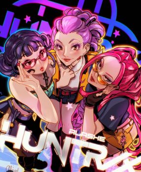 3girls alasxegalei black_gloves black_hair blunt_bangs brown_eyes commentary double_bun earrings eyeshadow fingerless_gloves fingernails from_above gloves hair_bun halterneck jewelry kpop_demon_hunters long_fingernails long_hair makeup mascara mira_(kpop_demon_hunters) multiple_girls orange-tinted_eyewear pants pink-tinted_eyewear pink_hair ponytail purple_hair red_lips ring rumi_(kpop_demon_hunters) shorts sidelocks skirt smile sunglasses tinted_eyewear twintails yellow_skirt zoey_(kpop_demon_hunters)