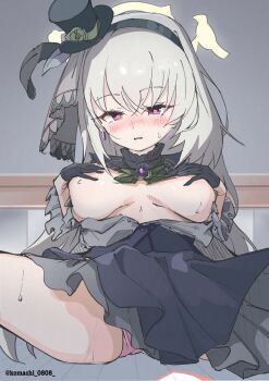 1girl absurdres black_gloves black_skirt blue_archive blush commentary_request covering_privates feathers feet_out_of_frame gloves grey_hair halo hat_ornament headband heart heart-shaped_pupils highres idol komachi_0808 long_hair looking_at_viewer open_clothes open_mouth panties pink_panties sakurako_(blue_archive) sakurako_(idol)_(blue_archive) skirt spread_legs symbol-shaped_pupils underwear yellow_halo