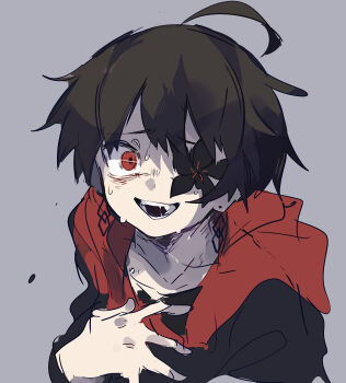 1boy ahoge black_flower black_hair black_hoodie black_shirt commentary_request crazy crazy_eyes crazy_grin crazy_smile earrings eye_covering eyepatch fang flower flower_eyepatch hair_between_eyes hand_on_own_chest hand_up highres hood hoodie insane jacket jewelry long_sleeves male_focus one_eye_covered open_mouth original red_eyes shirt short_hair shou_(uenomigi) simple_background sketch smile solo solo_focus sweat teeth uenomigi upper_body white_background