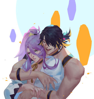 2boys black_hair blank_speech_bubble facial_hair goatee_stubble green_eyes hachisuka_kotetsu hair_between_eyes hair_over_one_eye hug hug_from_behind japanese_clothes male_focus multiple_boys nagasone_kotetsu ncww_rinichi open_mouth parted_lips ponytail purple_hair short_hair speech_bubble stubble touken_ranbu upper_body yaoi