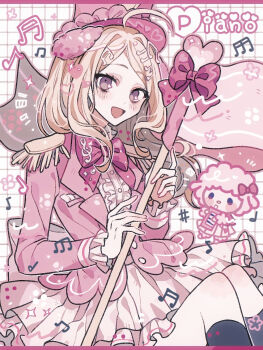 1girl ahoge akamatsu_kaede blonde_hair blush bow commentary danganronpa_(series) danganronpa_v3:_killing_harmony eyelashes fortissimo frilled_shirt frills grid_background hair_ornament highres holding jacket kneehighs knees_up layered_skirt letterboxed long_hair long_sleeves looking_at_viewer musical_note musical_note_hair_ornament my_melody_(series) my_sweet_piano official_alternate_costume open_mouth outline pastel_colors pink_bow pink_jacket pink_outline pink_theme purple_eyes sanrio sheep shirt skirt smile socks staff user_jxyx4535