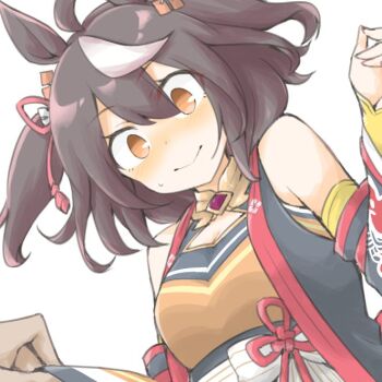 1boy 1girl ahoge akara_kai animal_ears black_hair blush breasts brown_eyes cleavage clothes_lift detached_sleeves horse_ears horse_girl kitasan_black_(crowning_ooban)_(umamusume) kitasan_black_(umamusume) looking_down short_hair shy skirt skirt_lift striped_hair umamusume white_background