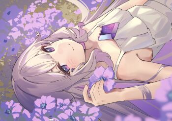 1girl absurdres chest_jewel dress flower gem grey_hair highres hololive hololive_english jewel_under_eye koseki_bijou long_hair looking_at_viewer lying purple_eyes purple_hair ricke_2002 smile virtual_youtuber