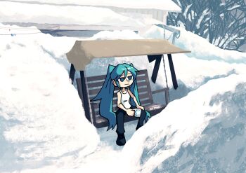 1girl alternate_costume bare_shoulders black_footwear black_pants blue_eyes blue_hair breasts cup day finland hair_between_eyes hatsune_miku highres holding holding_cup jitome long_hair meme moomin moomintroll outdoors pants setz shirt sitting sleeveless sleeveless_shirt snow solo tree twintails very_long_hair vocaloid white_shirt