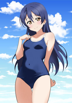 Rule 34 | 1girl, absurdres, blue hair, blue one-piece swimsuit, blue sky, breasts, cloud, competition school swimsuit, covered navel, cowboy shot, hair between eyes, highres, long hair, love live!, love live! school idol project, one-piece swimsuit, school swimsuit, sesese mimi, sky, small breasts, solo, sonoda umi, standing, swimsuit, thigh gap, yellow eyes