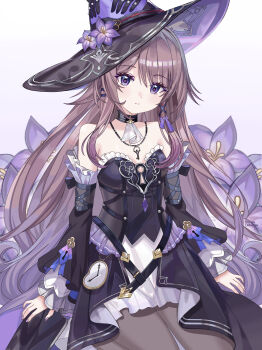 1girl absurdres bare_shoulders black_choker black_dress black_hat black_pantyhose blush breasts brown_hair choker closed_mouth detached_sleeves dress flower hat herta_(honkai:_star_rail) highres honkai:_star_rail honkai_(series) jewelry key key_necklace long_hair long_sleeves looking_at_viewer najwa_ibrahimi necklace pantyhose purple_eyes purple_flower purple_nails small_breasts solo strapless strapless_dress the_herta_(honkai:_star_rail) white_background witch_hat