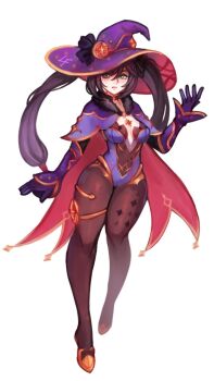 1girl black_hair blush breasts curvy detached_sleeves full_body genshin_impact gloves grey_eyes hat high_heels highres large_breasts luna_fish mona_(genshin_impact) pantyhose serious thighs twintails white_background witch_hat