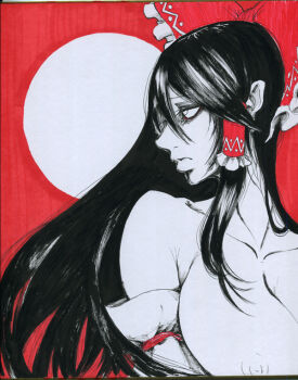 1girl bags_under_eyes black_hair bow breasts collarbone commentary_request detached_sleeves expressionless frilled_bow frilled_hair_tubes frills hair_bow hair_tubes hakurei_reimu hane_(azelye) large_breasts long_hair looking_afar nipples nude open_mouth red_bow shikishi sidelocks solo touhou upper_body white_eyes white_sleeves