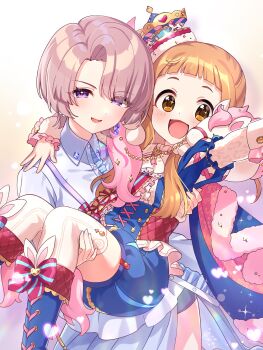 2girls arimura_mao black_shorts blue_footwear blue_shorts bow brown_background cape carousel carrying commentary_request dress euphoniummatsu footwear_bow frills fur-trimmed_cape fur_trim gakuen_idolmaster hair_ornament hand_up heart highres ichihara_nina idolmaster idolmaster_cinderella_girls light_brown_hair long_hair long_sleeves multicolored_cape multiple_girls pink_sleeves princess_carry puffy_shorts purple_eyes red_bow short_hair shorts sidelocks sparkling_eyes thighhighs thighs white_dress white_thighhighs yellow_eyes