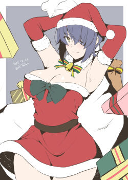 1girl arms_behind_head artist_name belt black_belt bow box cowboy_shot dated detached_sleeves dress elbow_gloves eyepatch fur-trimmed_dress fur_trim gift gift_box gloves green_bow hat highres kantai_collection purple_hair red_dress red_gloves red_hat sack santa_hat short_hair smile solo strapless strapless_dress taira_yuuki tenryuu_(kancolle) tenryuu_kai_ni_(kancolle) yellow_eyes