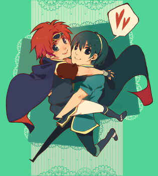 2boys blue_boots blue_cape blue_eyes blue_hair blue_headband blue_pants blue_tunic boots border cape carrying carrying_person fingerless_gloves fire_emblem fold-over_boots forced_perspective forehead_protector freckles full_body gloves gold_trim green_background hand_on_another&#039;s_ass hand_on_another&#039;s_back headband heart holding knee_boots lace lace_background lace_border leg_up looking_at_viewer looking_to_the_side male_focus marth_(fire_emblem) meep multiple_boys nintendo open_mouth ornate_border outstretched_arms pants red_cape red_hair roy_(fire_emblem) running short_hair short_sleeves smile speech_bubble spoken_heart striped_background super_smash_bros. tiara tunic two-tone_cape walking white_pants yaoi