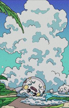animal_focus blue_sky gen_7_pokemon looking_at_viewer nintendo no_humans onamuzi_illust open_mouth pokemon pokemon_(creature) pokemon_focus rolling sky smile togedemaru water
