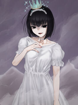 Rule 34 | 1girl, absurdres, black eyes, black hair, blue notuki, breasts, choker, collarbone, commentary request, crown, dress, fate/grand order, fate (series), grand servant (fate/grand order), highres, kuonji alice, looking at viewer, mahou tsukai no yoru, medium breasts, short hair, short sleeves, smile, sparkle, white dress