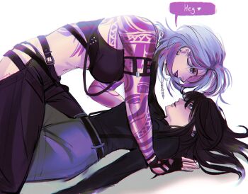 2girls arm_tattoo black_hair black_shirt blue_eyes breasts chief_(path_to_nowhere) collared_shirt commentary ear_piercing earrings english_commentary english_text female_chief_(path_to_nowhere) girl_on_top gloves grey_hair heart highres jewelry long_hair long_sleeves looking_at_another lying medium_hair multiple_girls on_back pants parted_lips path_to_nowhere piercing shirt shoulder_tattoo signature simple_background sleeveless sleeveless_shirt smile tattoo white_background ymr18 yuri zoya_(path_to_nowhere)