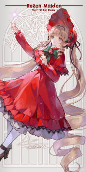 1girl absurdly_long_hair absurdres ankle_bow ankle_ribbon black_bow black_ribbon black_shoes blonde_hair blue_eyes blunt_bangs bonnet bow bowtie brooch capelet classic_lolita collared_capelet dated dot_nose dress drill_hair expressionless eyelashes flower flower_brooch frilled_capelet frilled_dress frilled_headwear frilled_sleeves frills full_body green_bow green_bowtie grey_background hair_intakes hair_ribbon hat hat_bow hat_flower highres jewelry lace lace-trimmed_dress lace_trim leg_ribbon light_blush light_particles lolita_fashion long_dress long_hair long_sleeves looking_at_object loose_hair_strand mary_janes memory_mie outstretched_arm outstretched_hand pantyhose parted_lips pink_flower pink_rose puffy_long_sleeves puffy_sleeves red_bonnet red_capelet red_dress ribbon rose rozen_maiden shinku shoes sidelocks signature solo sparkle twin_drills twintails very_long_hair white_pantyhose window