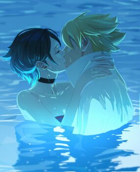 1boy 1girl artist_name bare_shoulders black_choker boruto:_two_blue_vortex choker closed_eyes coat collarbone commentary corrupted_twitter_file drawink facial_mark hair_over_eyes hetero highres kiss naruto_(series) no_eyewear partially_submerged uchiha_sarada uzumaki_boruto wet whisker_markings white_coat