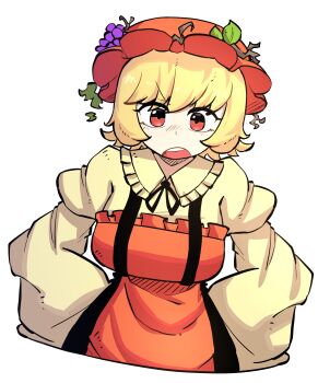 1girl absurdres aki_minoriko apron blonde_hair commentary cropped_torso dress food frilled_apron frills fruit grapes hair_ornament hands_on_own_hips hat highres leaf long_sleeves looking_at_viewer mob_cap open_mouth orange_apron red_eyes short_hair simple_background sleeves_past_fingers sleeves_past_wrists smug_suriipi solo teeth touhou upper_teeth_only white_background yellow_dress
